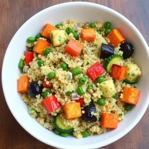 A bowl of quinoa salad with roasted vegetables