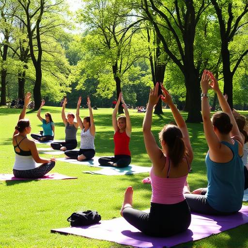 A group of people doing yoga outdoors in Central Park, New York City, smiling and enjoying the sunlight.