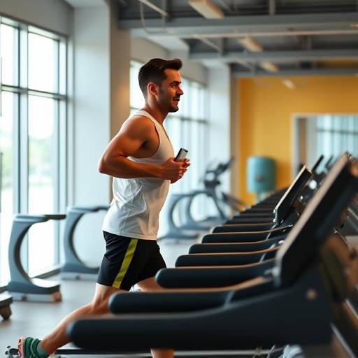 A man running on a treadmill in a brightly lit gym, wearing athletic clothing and using a fitness tracker.