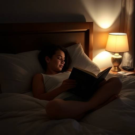 A person preparing for bed with a relaxing routine, including reading and dimming the lights