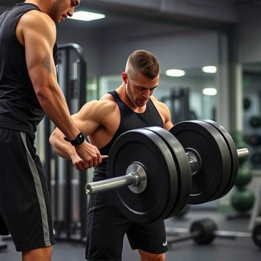 A personal trainer assisting a client with a deadlift exercise in a well-equipped gym.