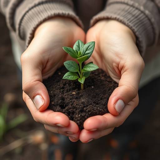 Close-up of hands gently holding a seedling, symbolizing growth and resilience