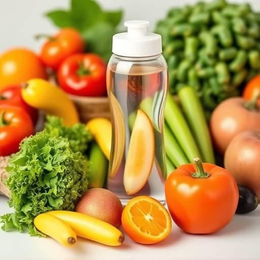 Various colorful fruits and vegetables arranged around a bottle of water, emphasizing healthy eating and hydration
